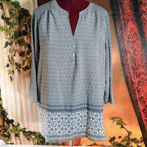 NWT Kim Rogers Sz 2X Curvy Harbor Navy Boho Geometric Floral Print Tunic Blouse